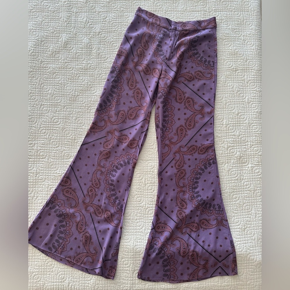Zara Mid-Rise Flared Pants with Lavender Paisley Print - size M